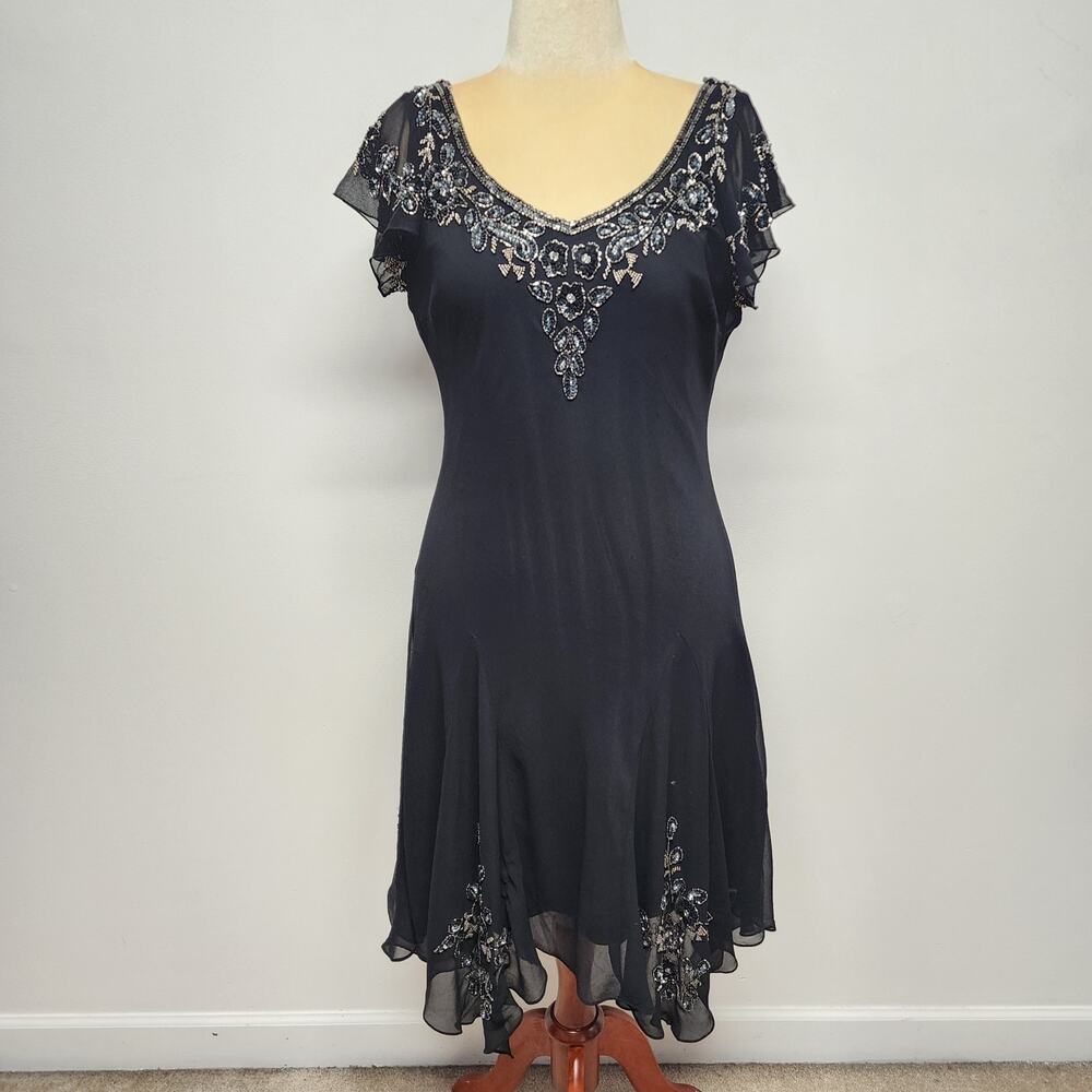 Jkara Beaded Chiffon Midi Cocktail Dress Size 16 Black Handkerchief Pixie Hem